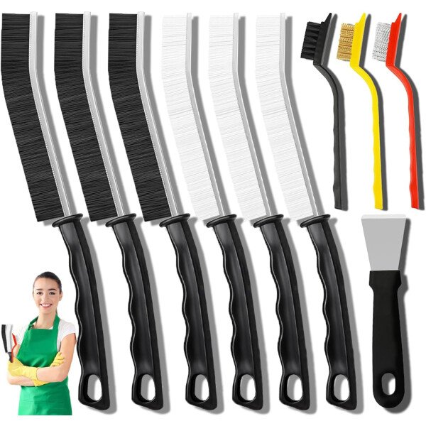 Juego de 10 cepillos de limpieza de hendiduras con raspador, cerdas duras para cocina, baño, esquina, fregadero, taza, tetera, botella