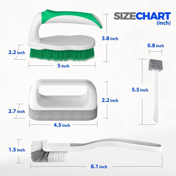 Holikme - Juego de 5 cepillos de limpieza profunda, especiales para juntas, cepillos para frotar, cepillo tipo estropajo, cepillo para juntas y esquinas y cepillo para ranuras y huecos para baños, suelos, ducha, azulejos o superficies de la cocina, color verde - Imagen 7
