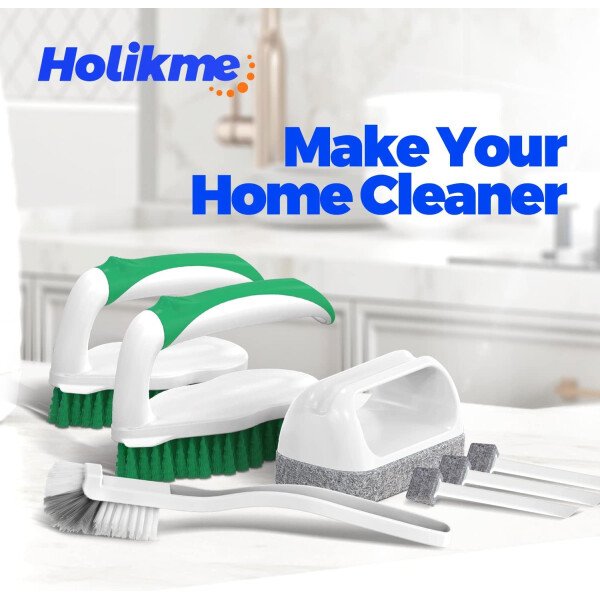 Holikme - Juego de 5 cepillos de limpieza profunda, especiales para juntas, cepillos para frotar, cepillo tipo estropajo, cepillo para juntas y esquinas y cepillo para ranuras y huecos para baños, suelos, ducha, azulejos o superficies de la cocina, color verde - Imagen 8