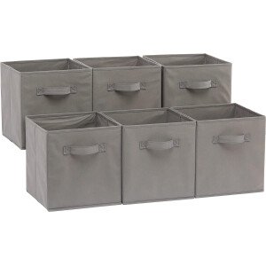 Amazon Basics - Cestos plegables de tela para almacenar, organizadores con asas, 10.5 x 10.5 x 11 pulgadas, color gris, paquete de 6