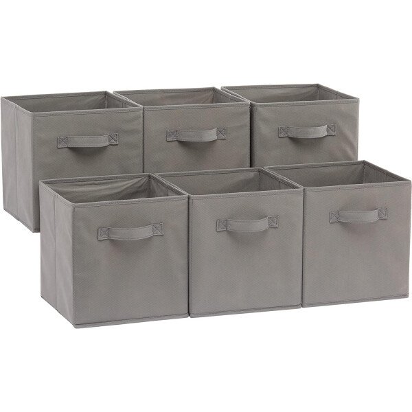 Amazon Basics - Cestos plegables de tela para almacenar, organizadores con asas, 10.5 x 10.5 x 11 pulgadas, color gris, paquete de 6