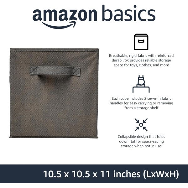 Amazon Basics - Cestos plegables de tela para almacenar, organizadores con asas, 10.5 x 10.5 x 11 pulgadas, color gris, paquete de 6 - Image 2