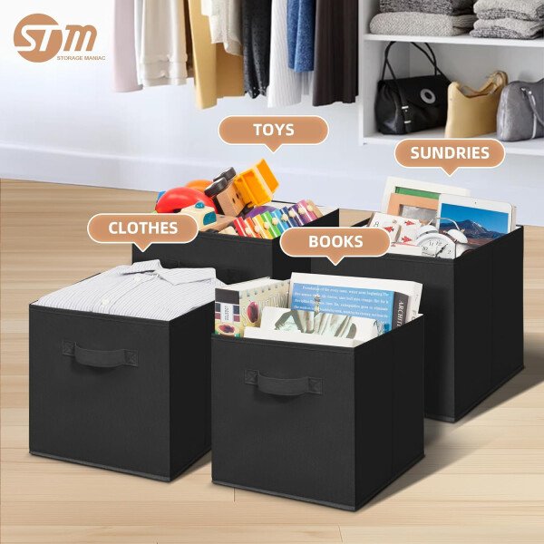 STORAGE MANIAC Cubos de almacenamiento, 11 pulgadas, duraderos, paquete de 6 contenedores plegables de tela con asas para organización, armario, estantes, oficinas, juguetes, color negro - Imagen 2