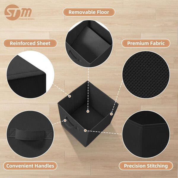 STORAGE MANIAC Cubos de almacenamiento, 11 pulgadas, duraderos, paquete de 6 contenedores plegables de tela con asas para organización, armario, estantes, oficinas, juguetes, color negro - Imagen 3