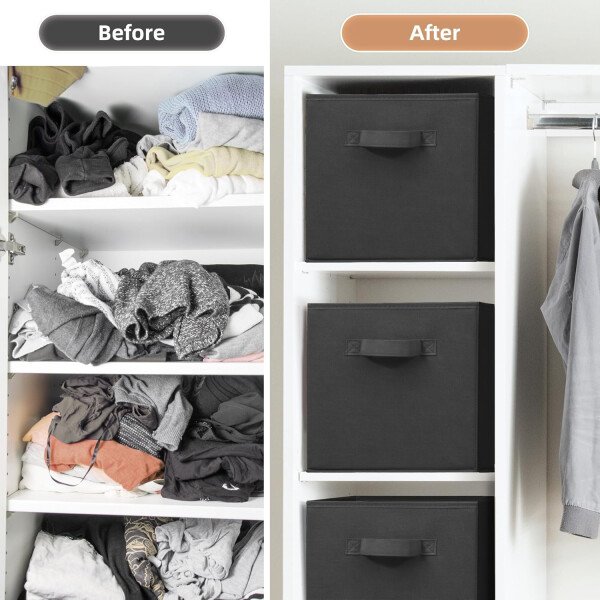STORAGE MANIAC Cubos de almacenamiento, 11 pulgadas, duraderos, paquete de 6 contenedores plegables de tela con asas para organización, armario, estantes, oficinas, juguetes, color negro - Imagen 4