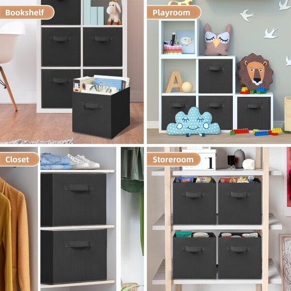 STORAGE MANIAC Cubos de almacenamiento, 11 pulgadas, duraderos, paquete de 6 contenedores plegables de tela con asas para organización, armario, estantes, oficinas, juguetes, color negro - Imagen 7