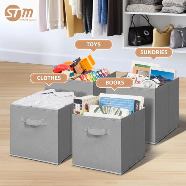 STORAGE MANIAC Cubos de almacenamiento, 11 pulgadas, duraderos, paquete de 6 contenedores plegables de tela con asas para organización, armario, estantes, oficinas, juguetes, color negro - Imagen 9