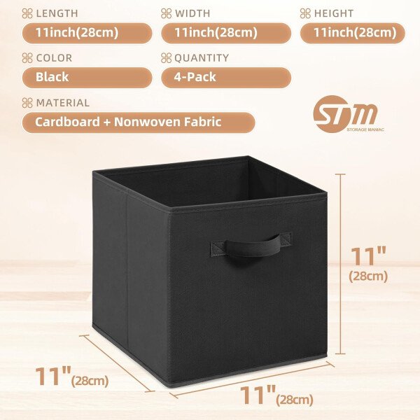 STORAGE MANIAC Cubos de almacenamiento, 11 pulgadas, duraderos, paquete de 6 contenedores plegables de tela con asas para organización, armario, estantes, oficinas, juguetes, color negro - Imagen 27