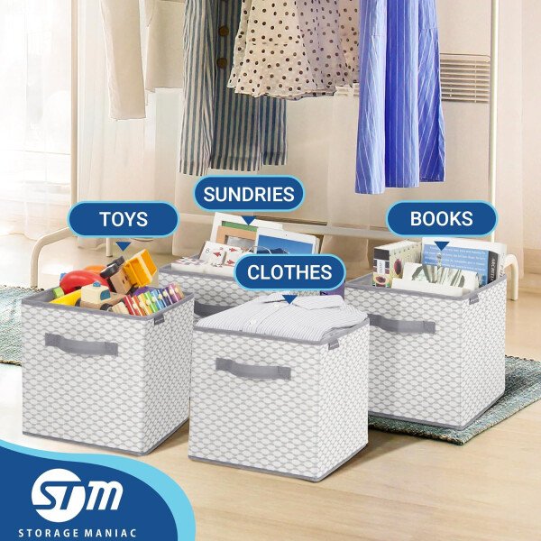 STORAGE MANIAC Cubos de almacenamiento, 11 pulgadas, duraderos, paquete de 6 contenedores plegables de tela con asas para organización, armario, estantes, oficinas, juguetes, color negro - Imagen 31