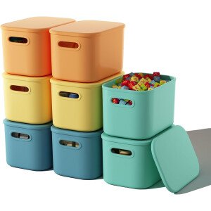 Paquete de 8 contenedores de almacenamiento coloridos con tapas, apilables para organizar, cajas de almacenamiento con asa para estantes, bonitos contenedores de almacenamiento para