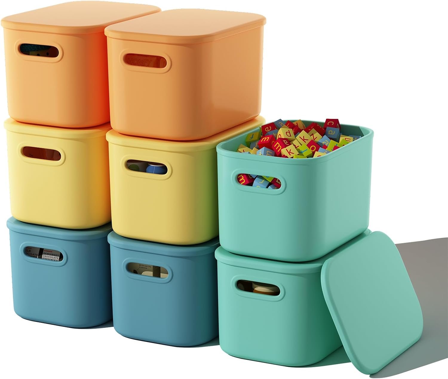 Paquete de 8 contenedores de almacenamiento coloridos con tapas, apilables para organizar, cajas de almacenamiento con asa para estantes, bonitos contenedores de almacenamiento para