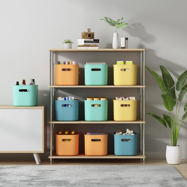 Paquete de 8 contenedores de almacenamiento coloridos con tapas, apilables para organizar, cajas de almacenamiento con asa para estantes, bonitos contenedores de almacenamiento para - Imagen 3