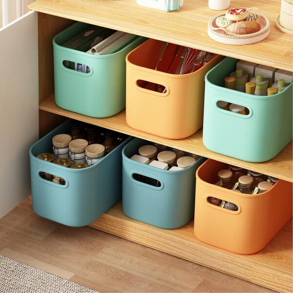Paquete de 8 contenedores de almacenamiento coloridos con tapas, apilables para organizar, cajas de almacenamiento con asa para estantes, bonitos contenedores de almacenamiento para - Imagen 4