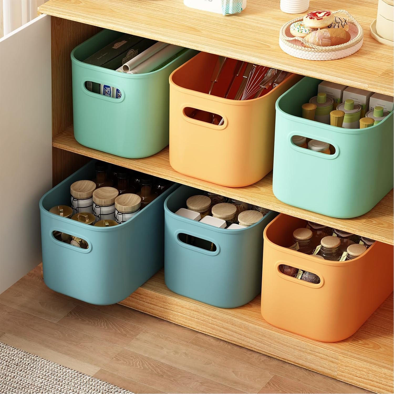 Paquete de 8 contenedores de almacenamiento coloridos con tapas, apilables para organizar, cajas de almacenamiento con asa para estantes, bonitos contenedores de almacenamiento para - Imagen 4