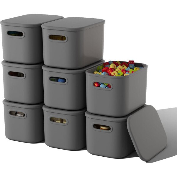 Paquete de 8 contenedores de almacenamiento coloridos con tapas, apilables para organizar, cajas de almacenamiento con asa para estantes, bonitos contenedores de almacenamiento para - Imagen 8