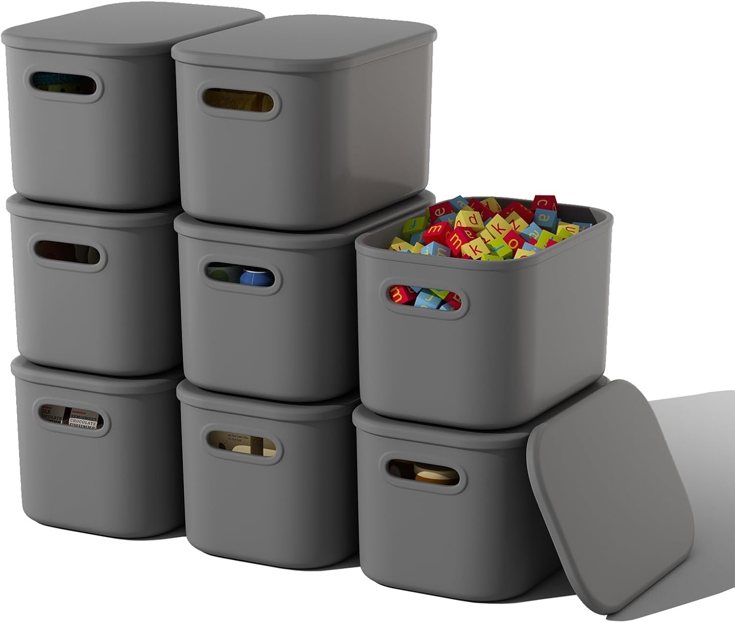 Paquete de 8 contenedores de almacenamiento coloridos con tapas, apilables para organizar, cajas de almacenamiento con asa para estantes, bonitos contenedores de almacenamiento para - Imagen 8