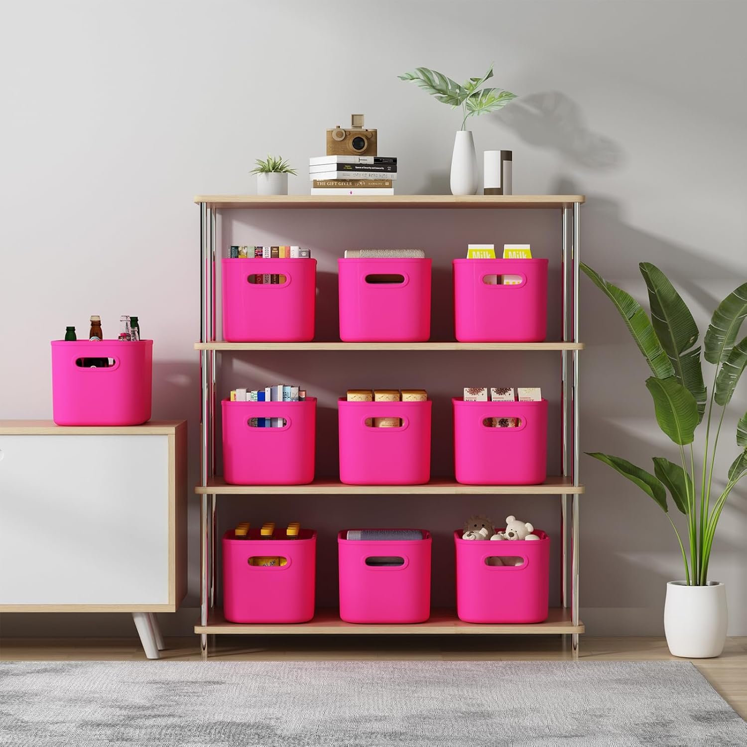 Paquete de 8 contenedores de almacenamiento coloridos con tapas, apilables para organizar, cajas de almacenamiento con asa para estantes, bonitos contenedores de almacenamiento para - Imagen 19