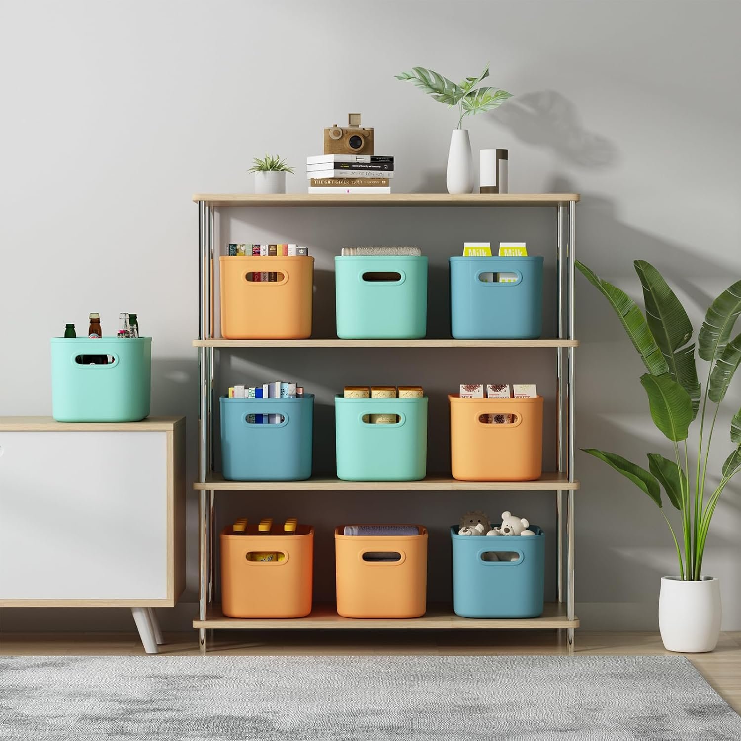 Paquete de 8 contenedores de almacenamiento coloridos con tapas, apilables para organizar, cajas de almacenamiento con asa para estantes, bonitos contenedores de almacenamiento para - Imagen 33
