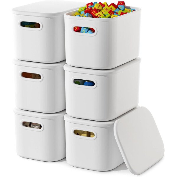 Paquete de 8 contenedores de almacenamiento coloridos con tapas, apilables para organizar, cajas de almacenamiento con asa para estantes, bonitos contenedores de almacenamiento para - Imagen 46