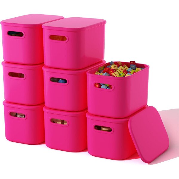 Paquete de 8 contenedores de almacenamiento coloridos con tapas, apilables para organizar, cajas de almacenamiento con asa para estantes, bonitos contenedores de almacenamiento para - Imagen 49