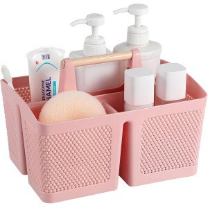 rejomiik Cesta portátil para ducha, organizador de limpieza de plástico, bolsa de almacenamiento con asa para baño, universidad, artículos esenciales de habitación, color rosa