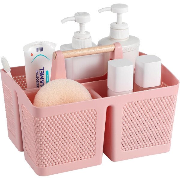 rejomiik Cesta portátil para ducha, organizador de limpieza de plástico, bolsa de almacenamiento con asa para baño, universidad, artículos esenciales de habitación, color rosa
