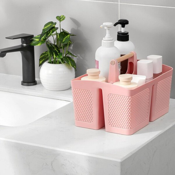 rejomiik Cesta portátil para ducha, organizador de limpieza de plástico, bolsa de almacenamiento con asa para baño, universidad, artículos esenciales de habitación, color rosa - Imagen 2