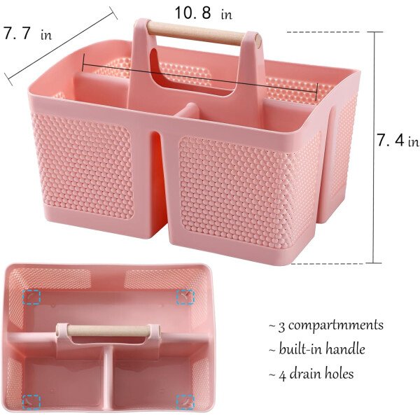 rejomiik Cesta portátil para ducha, organizador de limpieza de plástico, bolsa de almacenamiento con asa para baño, universidad, artículos esenciales de habitación, color rosa - Imagen 3