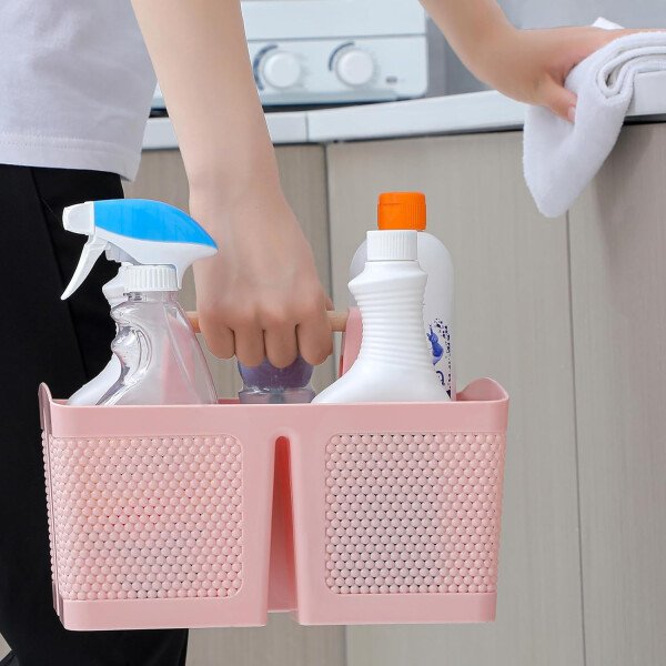 rejomiik Cesta portátil para ducha, organizador de limpieza de plástico, bolsa de almacenamiento con asa para baño, universidad, artículos esenciales de habitación, color rosa - Imagen 5