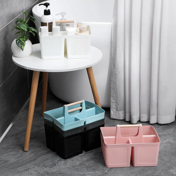 rejomiik Cesta portátil para ducha, organizador de limpieza de plástico, bolsa de almacenamiento con asa para baño, universidad, artículos esenciales de habitación, color rosa - Imagen 8