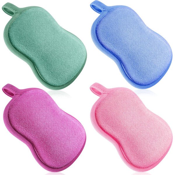 Tatuo Esponja de baño para bebé, 4 piezas, esponja de algodón suave y absorbente para niños, bebés, hombres y mujeres (rojo, morado, verde, azul)