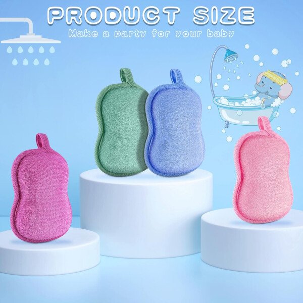 Tatuo Esponja de baño para bebé, 4 piezas, esponja de algodón suave y absorbente para niños, bebés, hombres y mujeres (rojo, morado, verde, azul) - Imagen 3