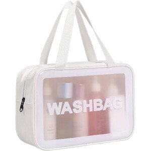 Neceser de viaje para mujeres y hombres, bolsa de aseo translúcida mate con asa práctica, bolsa de cosméticos de maquillaje, organizador de viaje para accesorios, artículos de tocador, Blanco,