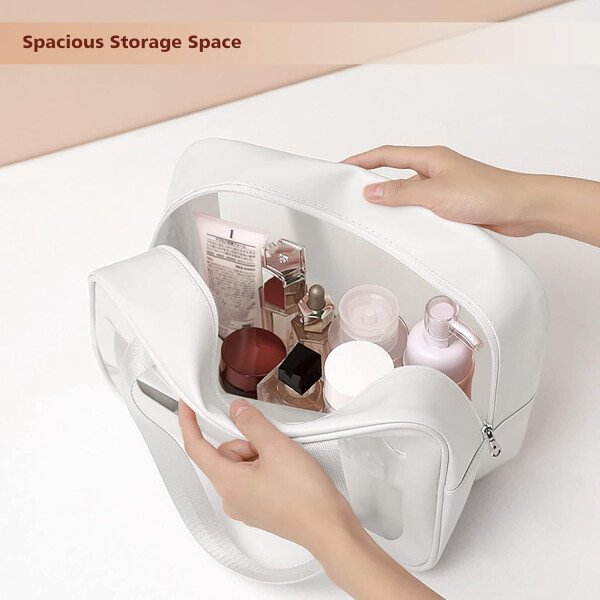 Neceser de viaje para mujeres y hombres, bolsa de aseo translúcida mate con asa práctica, bolsa de cosméticos de maquillaje, organizador de viaje para accesorios, artículos de tocador, Blanco, - Imagen 2