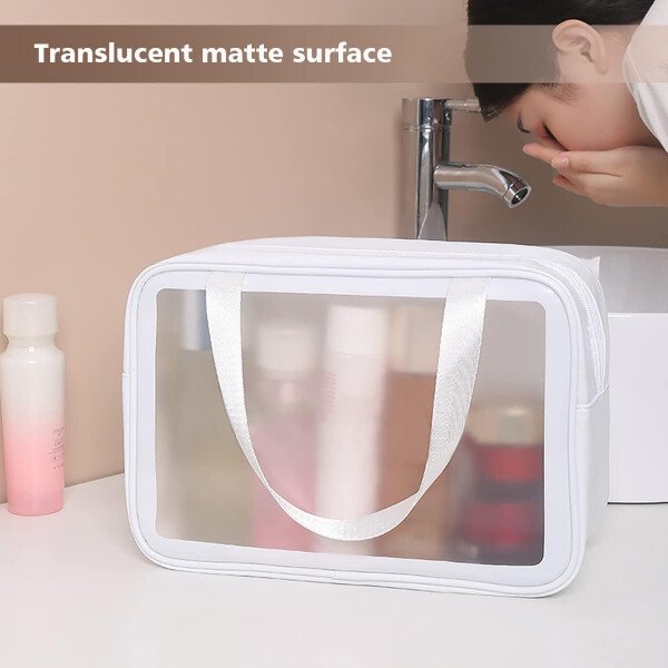 Neceser de viaje para mujeres y hombres, bolsa de aseo translúcida mate con asa práctica, bolsa de cosméticos de maquillaje, organizador de viaje para accesorios, artículos de tocador, Blanco, - Imagen 5