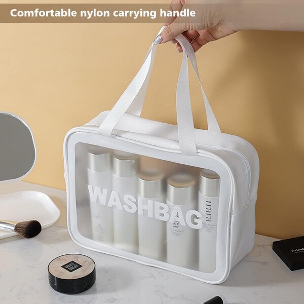 Neceser de viaje para mujeres y hombres, bolsa de aseo translúcida mate con asa práctica, bolsa de cosméticos de maquillaje, organizador de viaje para accesorios, artículos de tocador, Blanco, - Imagen 6