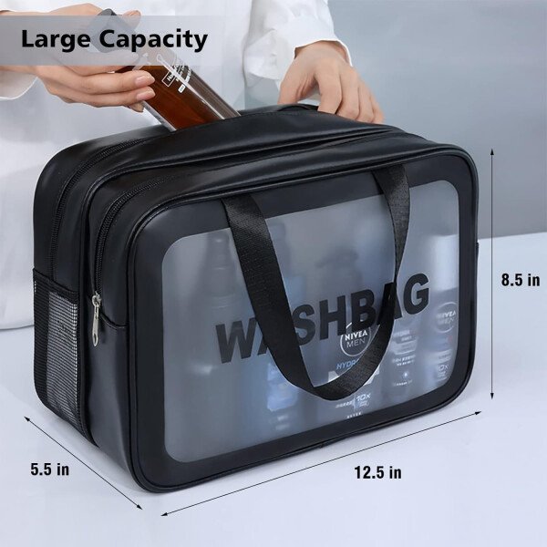 Neceser de viaje para mujeres y hombres, bolsa de aseo translúcida mate con asa práctica, bolsa de cosméticos de maquillaje, organizador de viaje para accesorios, artículos de tocador, Blanco, - Imagen 10