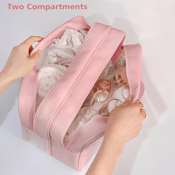 Neceser de viaje para mujeres y hombres, bolsa de aseo translúcida mate con asa práctica, bolsa de cosméticos de maquillaje, organizador de viaje para accesorios, artículos de tocador, Blanco, - Imagen 14