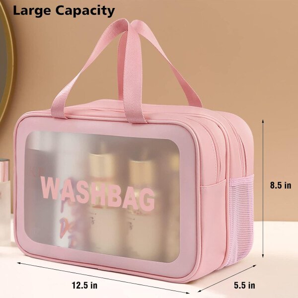 Neceser de viaje para mujeres y hombres, bolsa de aseo translúcida mate con asa práctica, bolsa de cosméticos de maquillaje, organizador de viaje para accesorios, artículos de tocador, Blanco, - Imagen 16