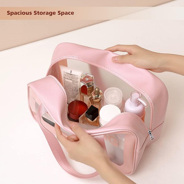Neceser de viaje para mujeres y hombres, bolsa de aseo translúcida mate con asa práctica, bolsa de cosméticos de maquillaje, organizador de viaje para accesorios, artículos de tocador, Blanco, - Imagen 32