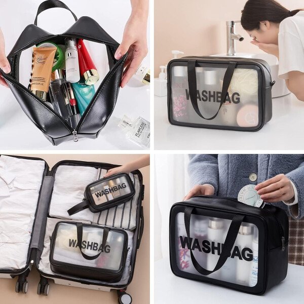 Neceser de viaje para mujeres y hombres, translúcido, impermeable, portátil y lindo juego de neceseres de maquillaje, A-Negro - Imagen 3