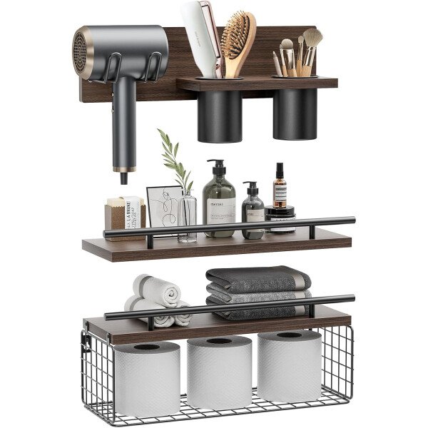 Estantes flotantes de baño con soporte para secador de pelo, estante de pared de madera montado en la pared con almacenamiento de secador de pelo sobre el inodoro, juego de 3 decoración - Imagen 2