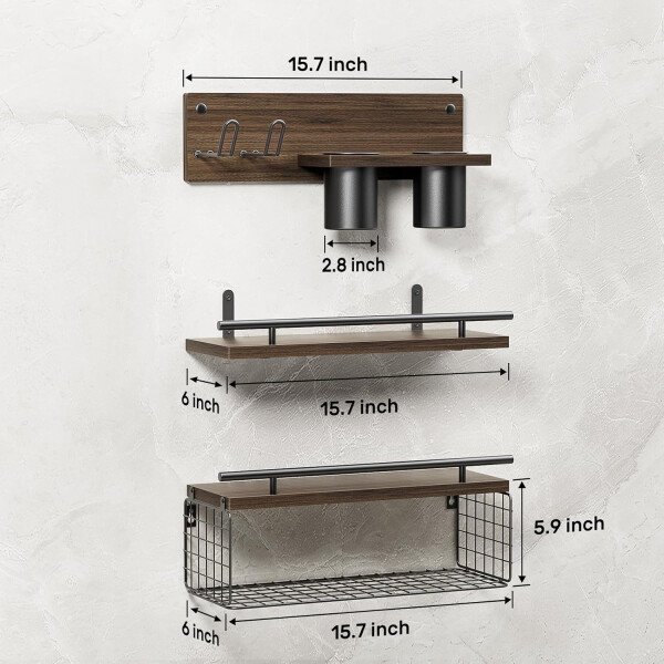 Estantes flotantes de baño con soporte para secador de pelo, estante de pared de madera montado en la pared con almacenamiento de secador de pelo sobre el inodoro, juego de 3 decoración - Imagen 4