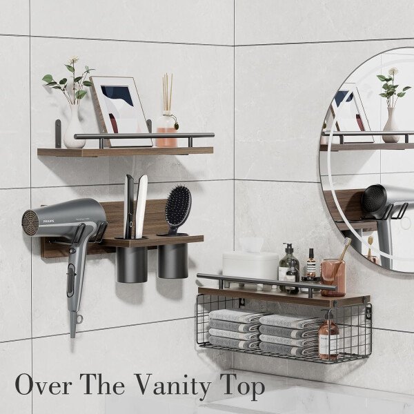 Estantes flotantes de baño con soporte para secador de pelo, estante de pared de madera montado en la pared con almacenamiento de secador de pelo sobre el inodoro, juego de 3 decoración - Imagen 6