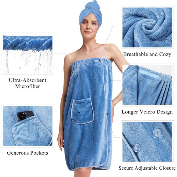 Toalla para mujer después de la ducha, bata de baño súper absorbente y de secado rápido, ligera con bolsillos - Image 14