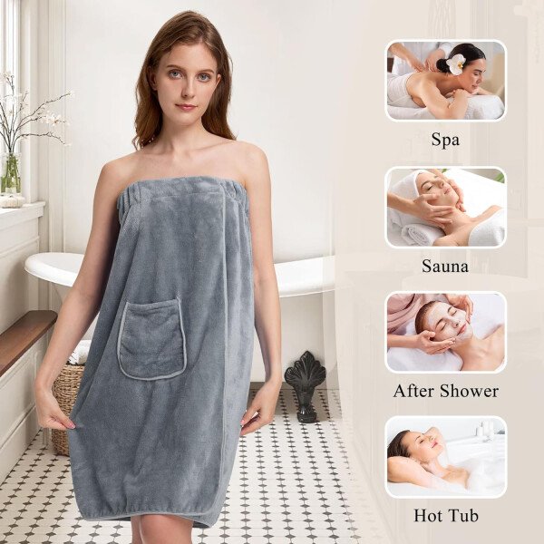 Toalla para mujer después de la ducha, bata de baño súper absorbente y de secado rápido, ligera con bolsillos - Image 27