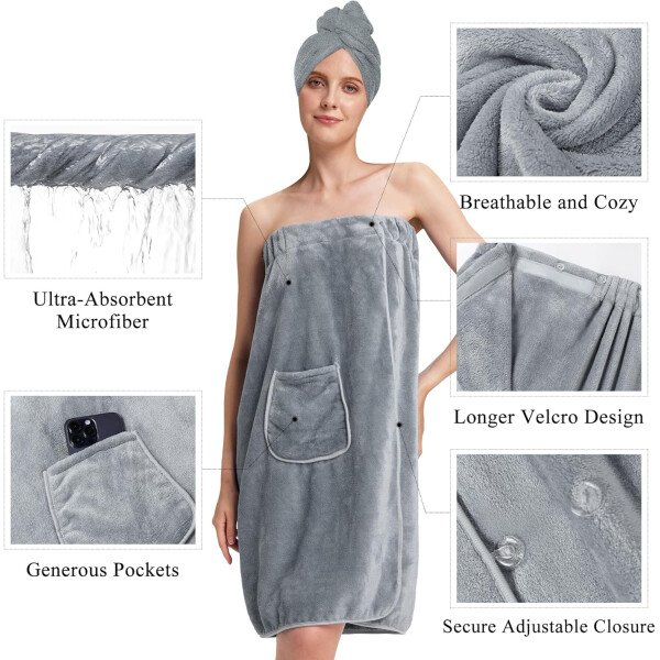Toalla para mujer después de la ducha, bata de baño súper absorbente y de secado rápido, ligera con bolsillos - Image 29