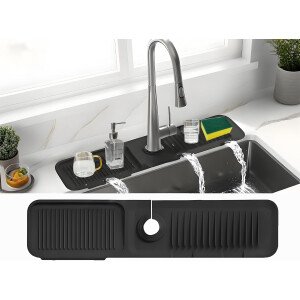 Tapete para grifo de cocina de 24 pulgadas, protector contra salpicaduras de silicona para fregadero de cocina, inclinación de 5°, autodrenante rápido, tapete para fregadero de cocina y tapete de