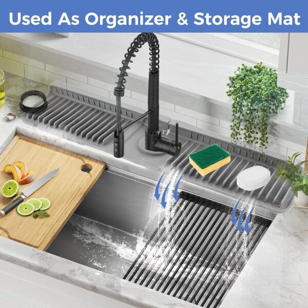 Tapete de silicona para grifo de 24 pulgadas para fregadero de cocina, tapete de drenaje de agua con pendiente de 6°, protector contra salpicaduras de fregadero de cocina, protector de - Imagen 8