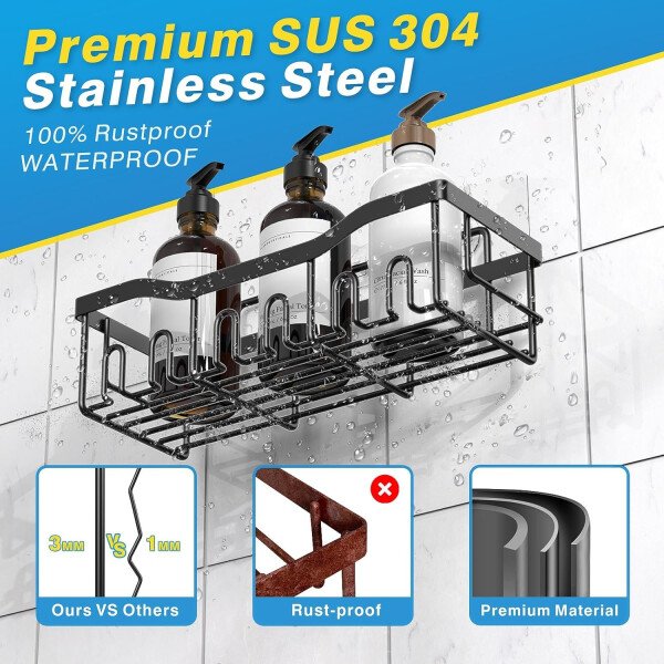Organizador adhesivo para ducha, paquete de 5 organizadores de baño de acero inoxidable con gran capacidad, estantes sin perforaciones para almacenamiento de baño y decoración del hogar - Imagen 5